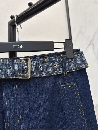 Monogram Canvas Belt Denim Midi Skirt