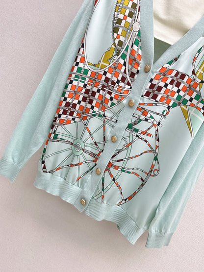 Patterned patchwork knit cardigan