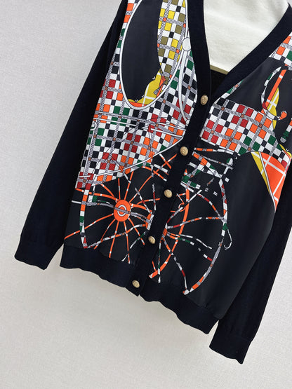 Patterned patchwork knit cardigan