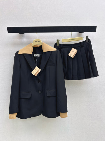 Knitted Collar Blazer/Pleated Skirt