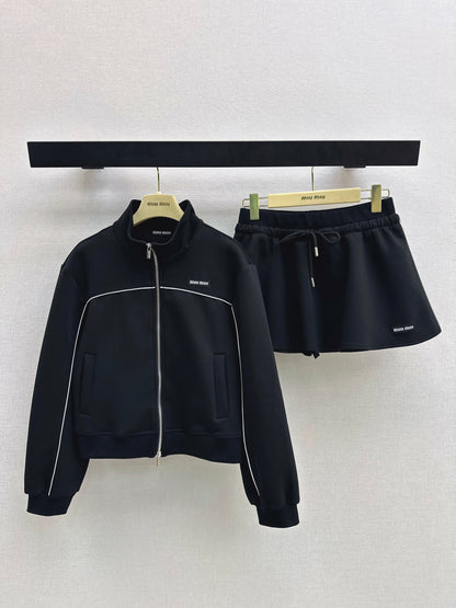 Stand-up collar jacket + midi skirt