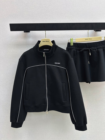 Stand-up collar jacket + midi skirt