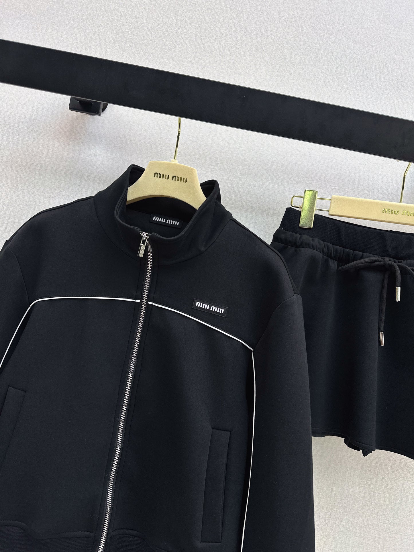Stand-up collar jacket + midi skirt
