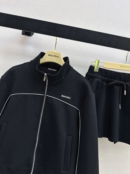 Stand-up collar jacket + midi skirt