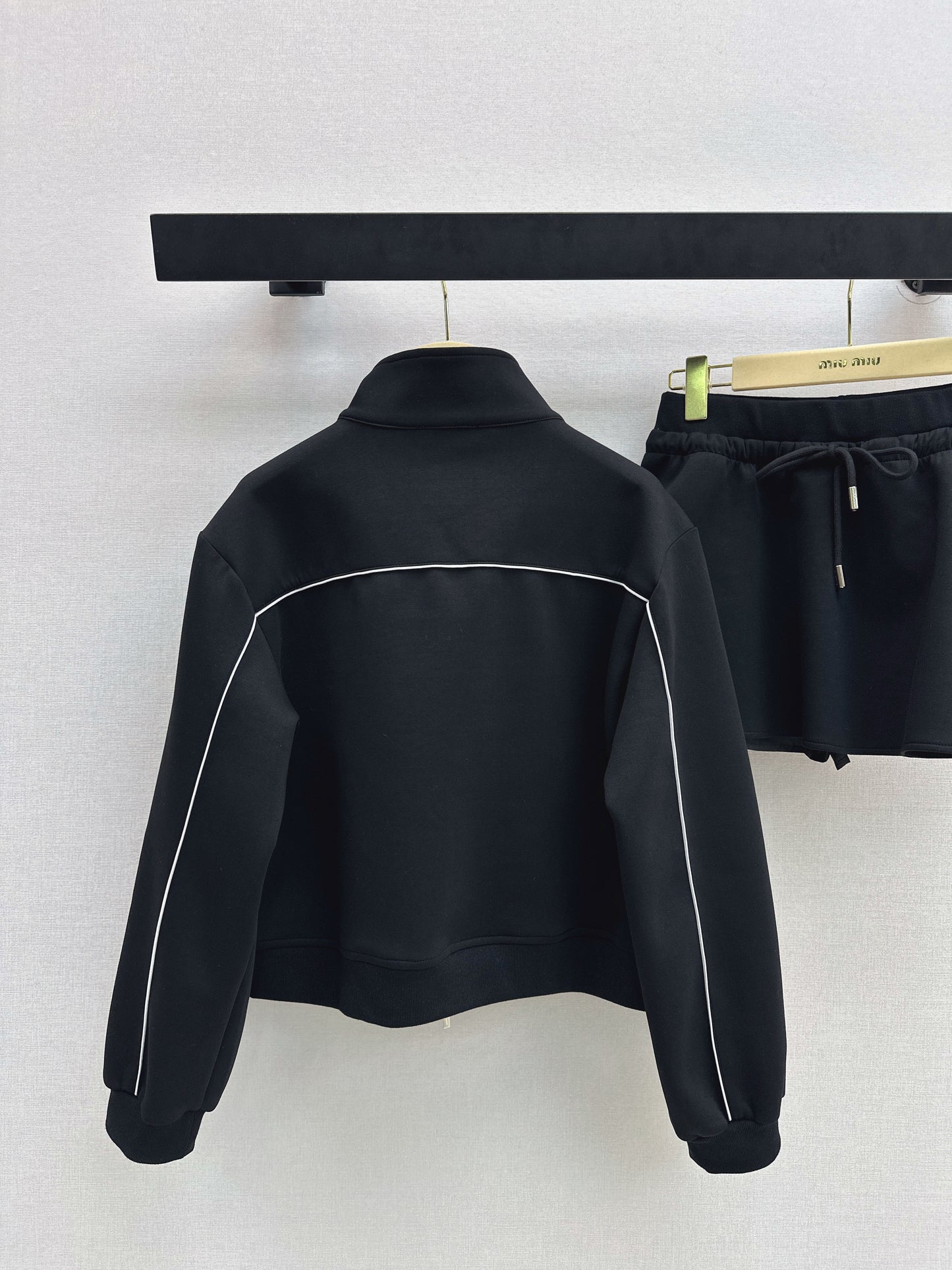 Stand-up collar jacket + midi skirt