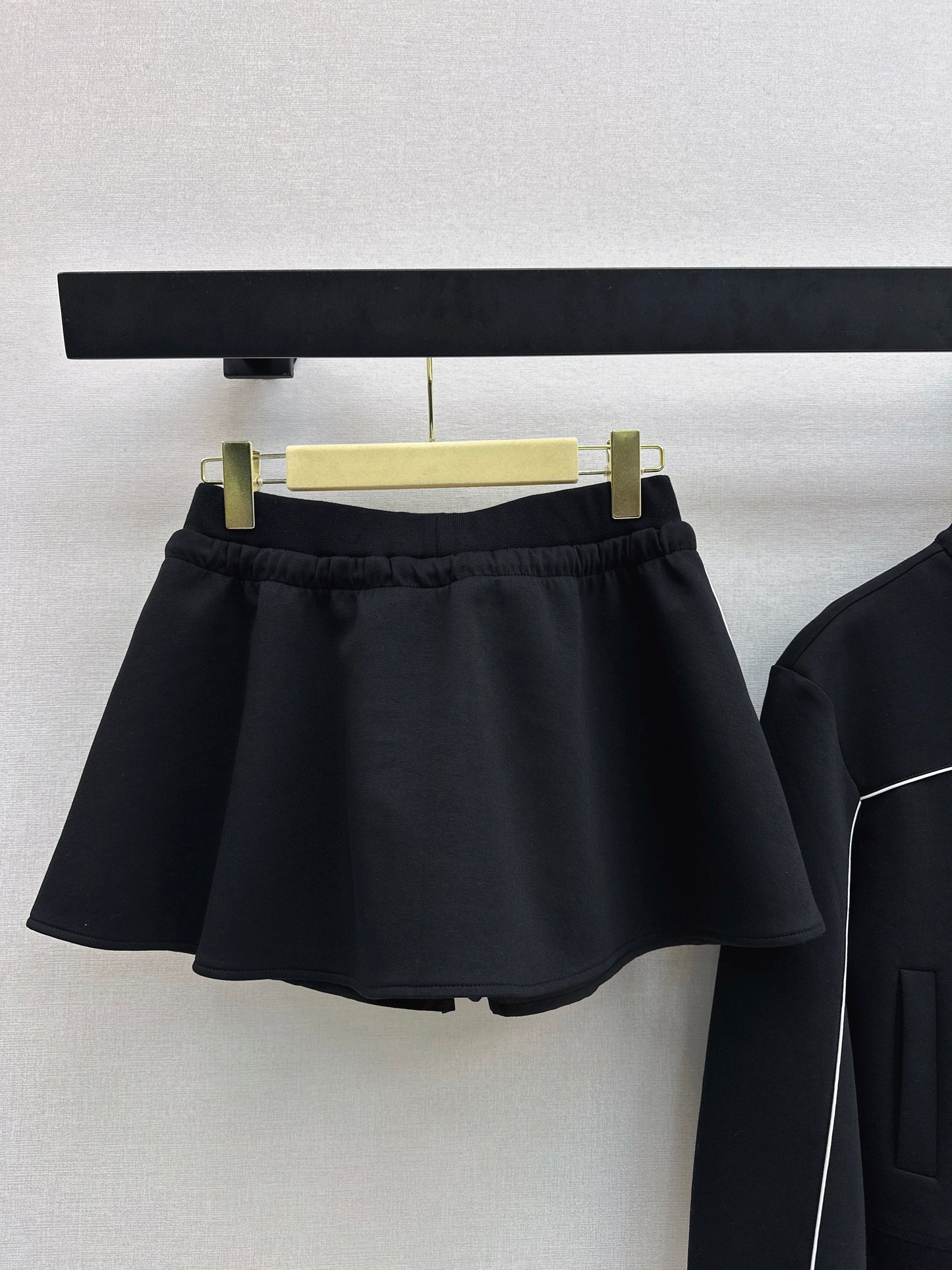 Stand-up collar jacket + midi skirt