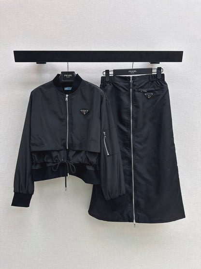 Stand-up collar nylon jacket + zip-up skirt