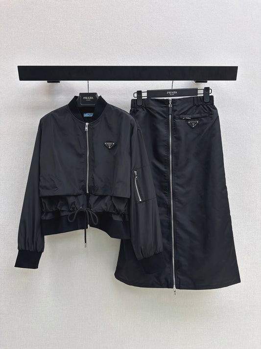 Stand-up collar nylon jacket + zip-up skirt