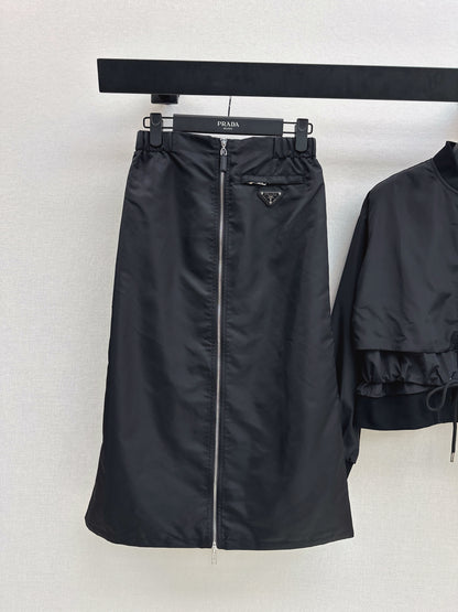 Stand-up collar nylon jacket + zip-up skirt