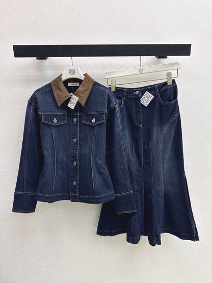 Color-blocked collared jacket/skirt