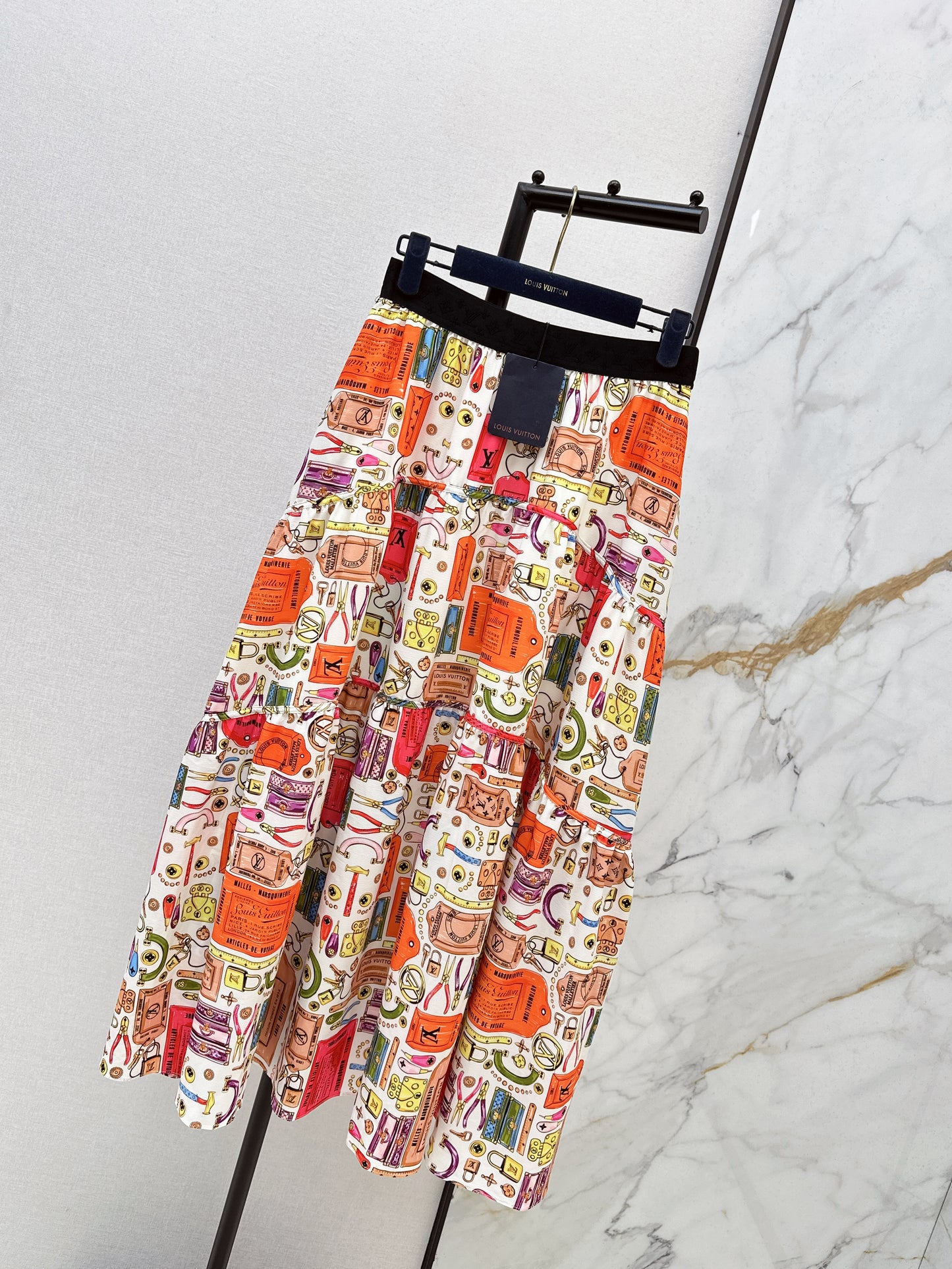 Printed Elastic Waist Midi Skirt