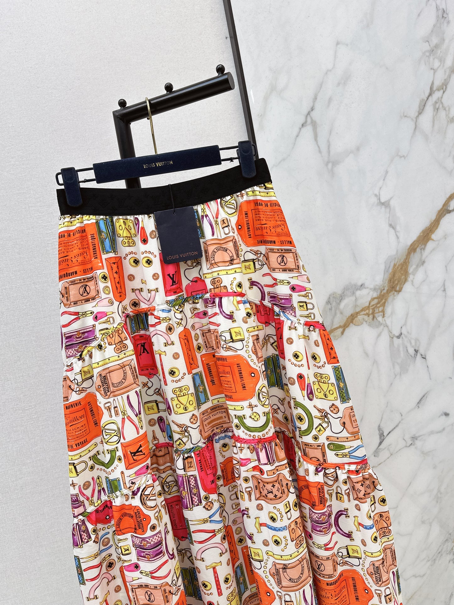 Printed Elastic Waist Midi Skirt
