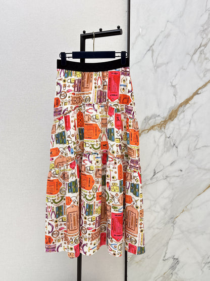 Printed Elastic Waist Midi Skirt