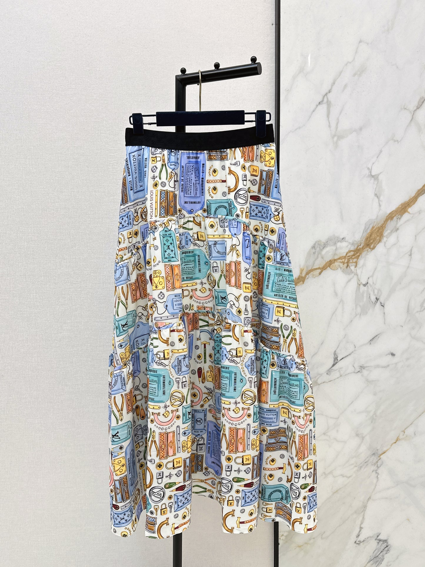 Printed Elastic Waist Midi Skirt