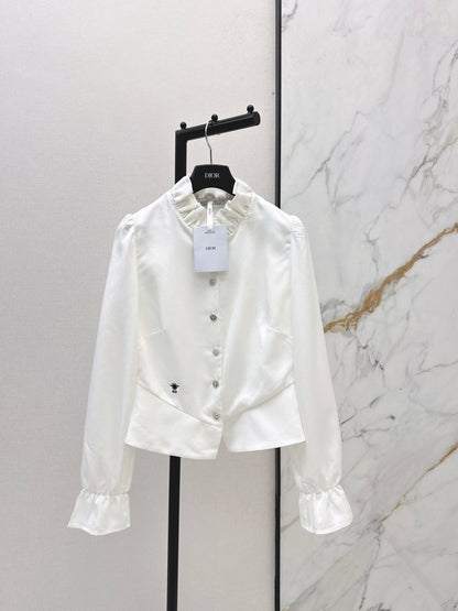 Ruffled trim waist-cinching shirt
