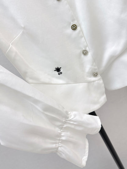 Ruffled trim waist-cinching shirt