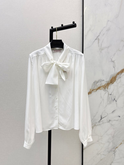 26ss V-neck flowy bow tie silk shirt