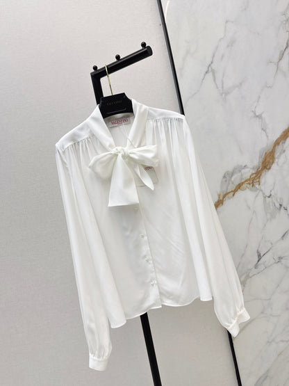26ss V-neck flowy bow tie silk shirt