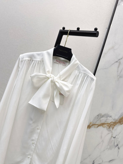 26ss V-neck flowy bow tie silk shirt