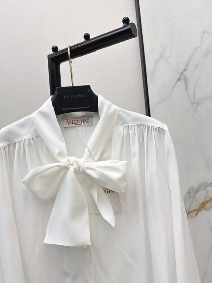 26ss V-neck flowy bow tie silk shirt