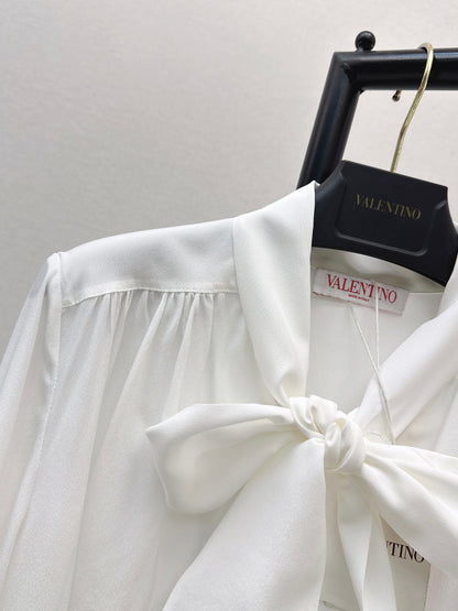 26ss V-neck flowy bow tie silk shirt