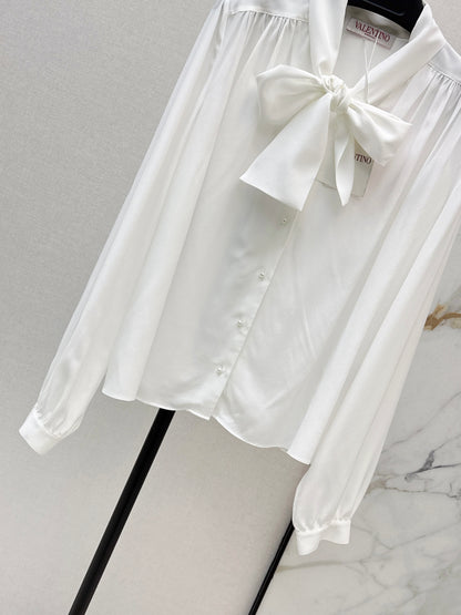 26ss V-neck flowy bow tie silk shirt