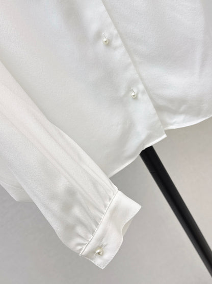 26ss V-neck flowy bow tie silk shirt