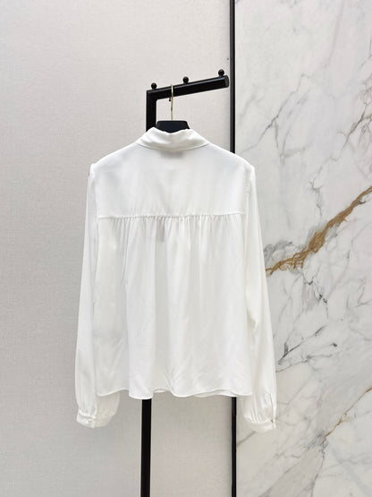 26ss V-neck flowy bow tie silk shirt