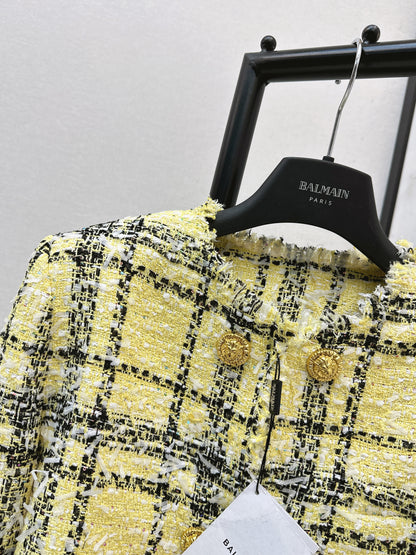 26ss Plaid Tweed Jacket with Gold Buttons