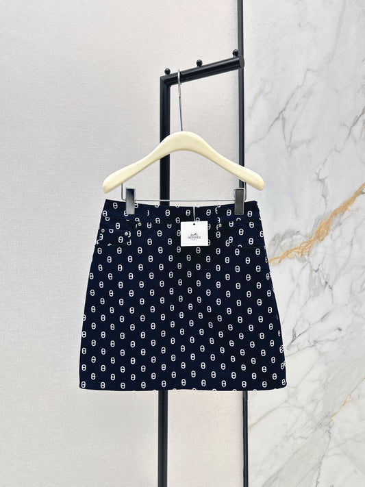 26ss Pig Nose Print Denim Midi Skirt