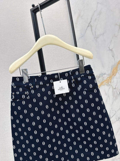 26ss Pig Nose Print Denim Midi Skirt