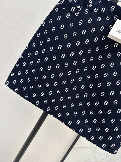 26ss Pig Nose Print Denim Midi Skirt