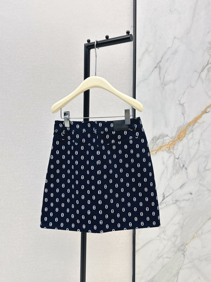 26ss Pig Nose Print Denim Midi Skirt