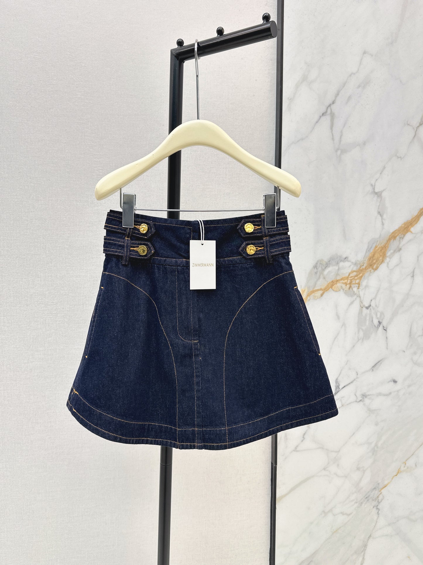 26ss High-waisted A-line denim midi skirt