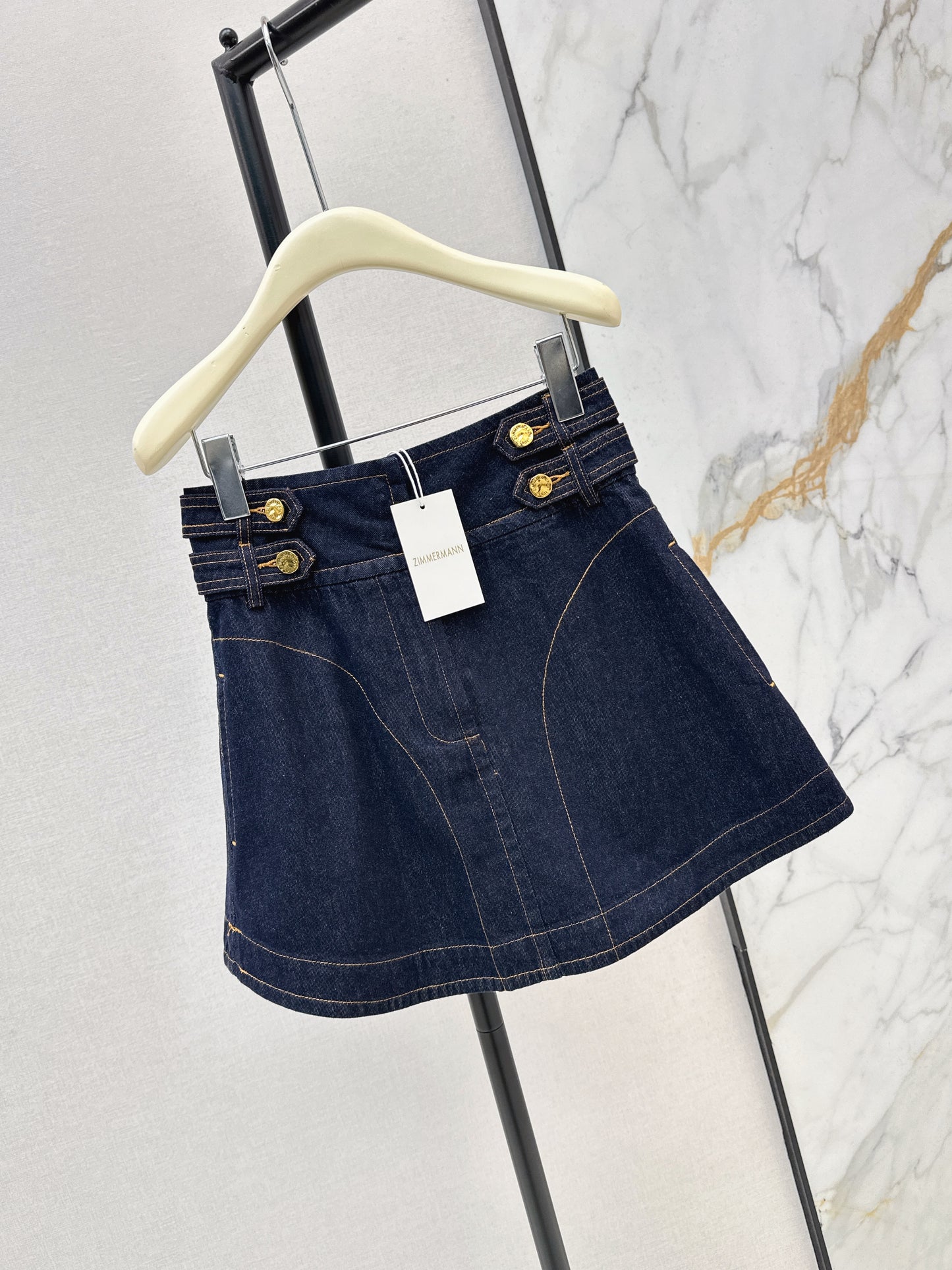 26ss High-waisted A-line denim midi skirt