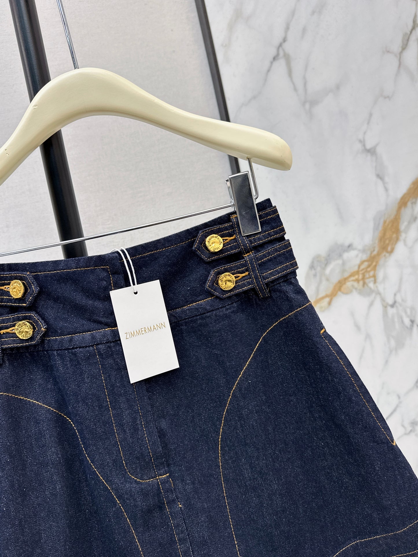 26ss High-waisted A-line denim midi skirt