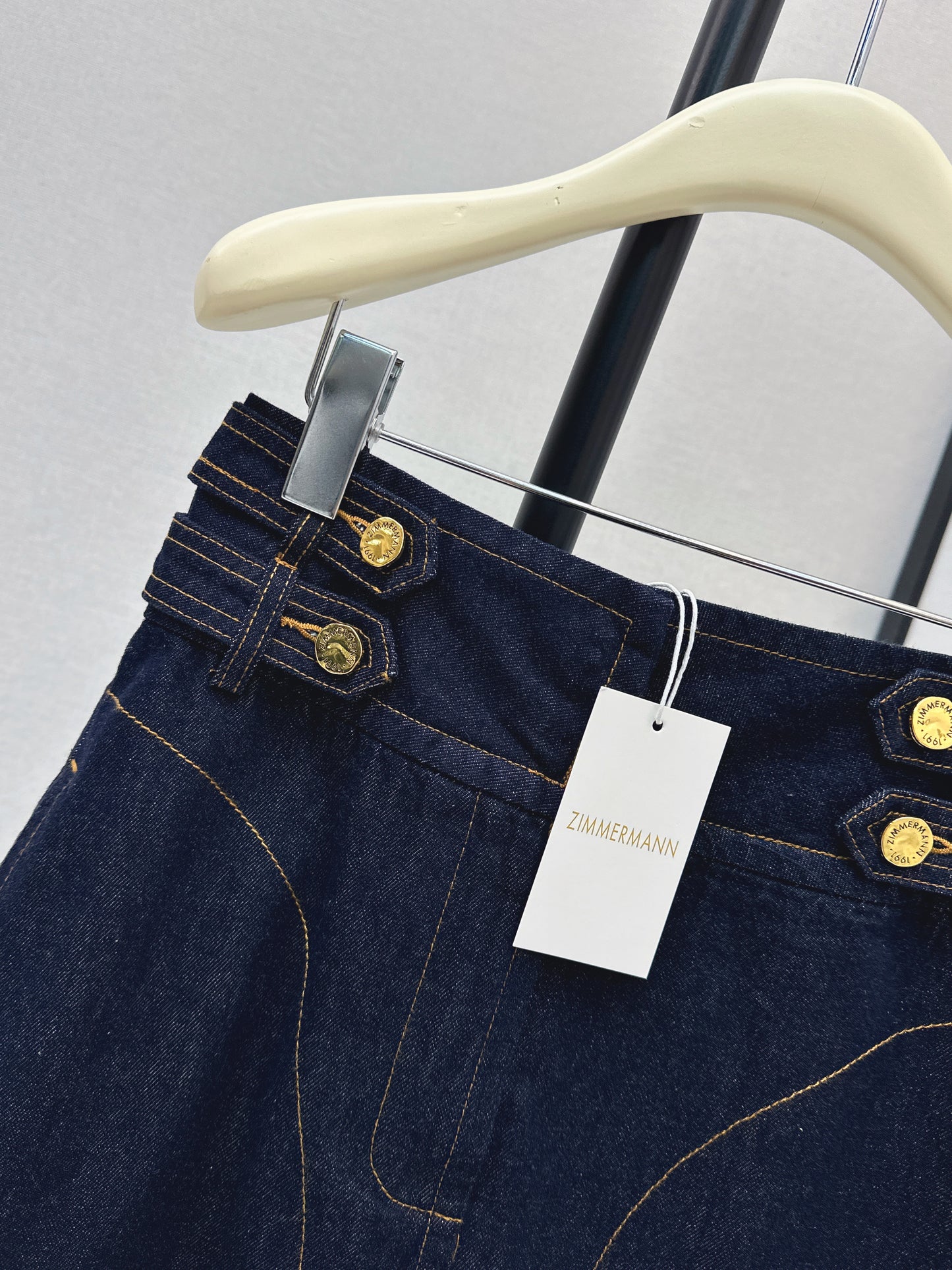 26ss High-waisted A-line denim midi skirt