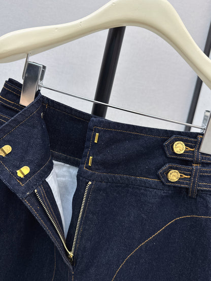 26ss High-waisted A-line denim midi skirt