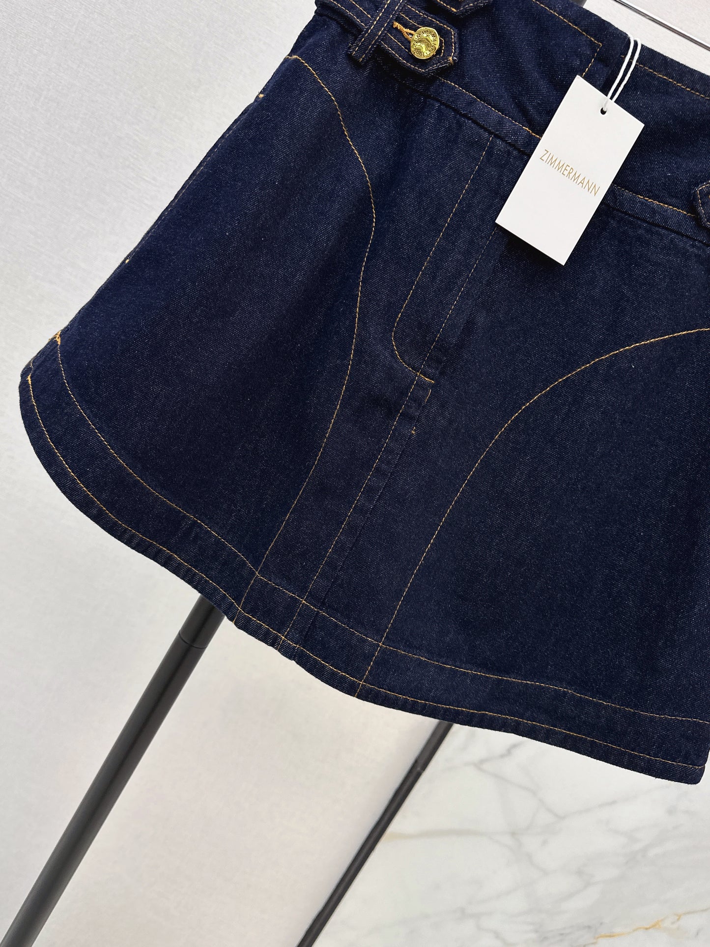 26ss High-waisted A-line denim midi skirt