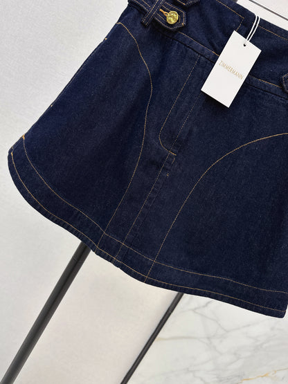 26ss High-waisted A-line denim midi skirt
