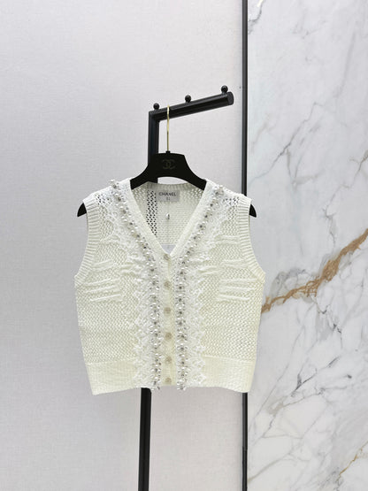 26ss Rhinestone-studded V-neck knit vest