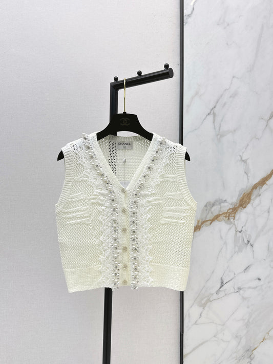 26ss Rhinestone-studded V-neck knit vest