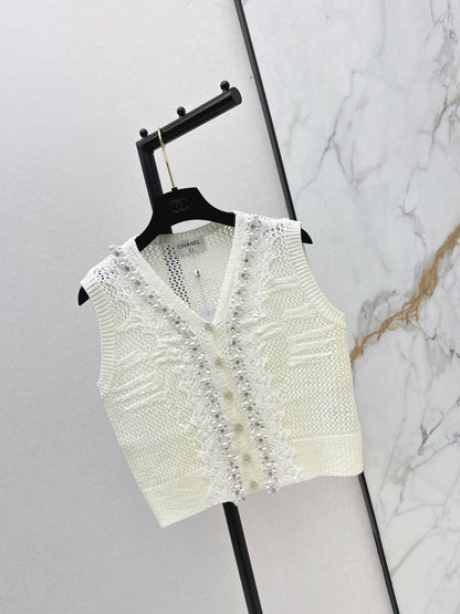 26ss Rhinestone-studded V-neck knit vest
