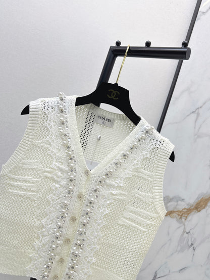 26ss Rhinestone-studded V-neck knit vest