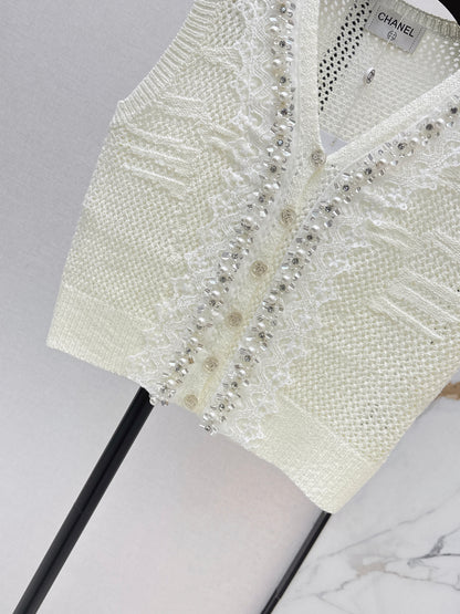 26ss Rhinestone-studded V-neck knit vest