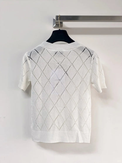 26ss Diamond-patterned rhinestone bow logo T-shirt