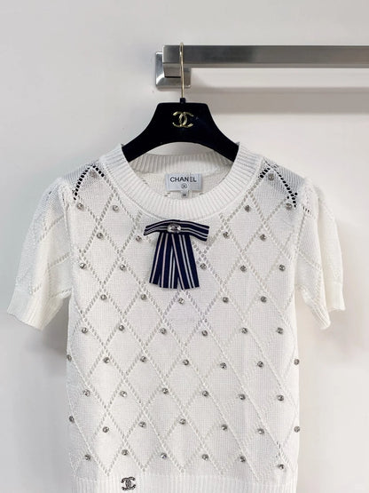 26ss Diamond-patterned rhinestone bow logo T-shirt
