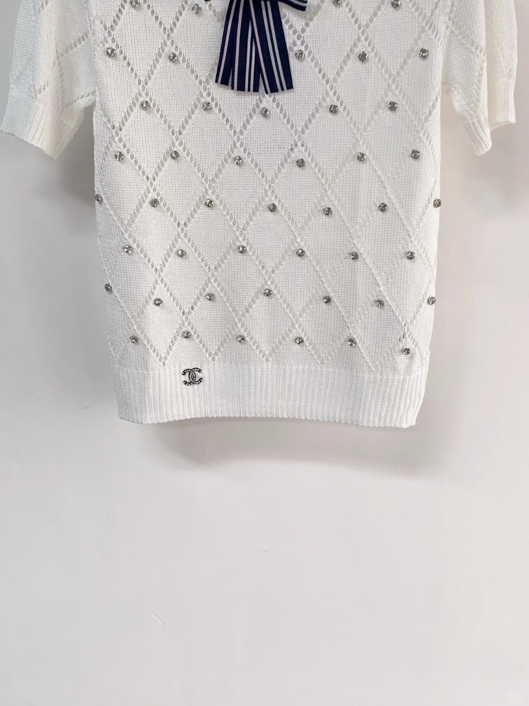 26ss Diamond-patterned rhinestone bow logo T-shirt