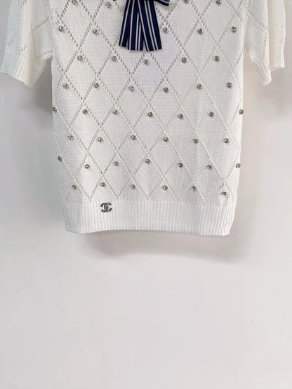 26ss Diamond-patterned rhinestone bow logo T-shirt