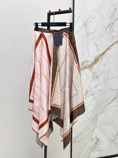 26ss Patchwork printed irregular hem midi skirt